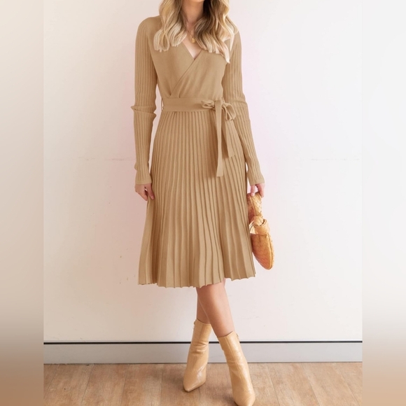 ZESICA Women's 2024 Fall Long Sleeve Wrap V Neck Ribbed Knit Pleated A Line - Picture 3 of 6